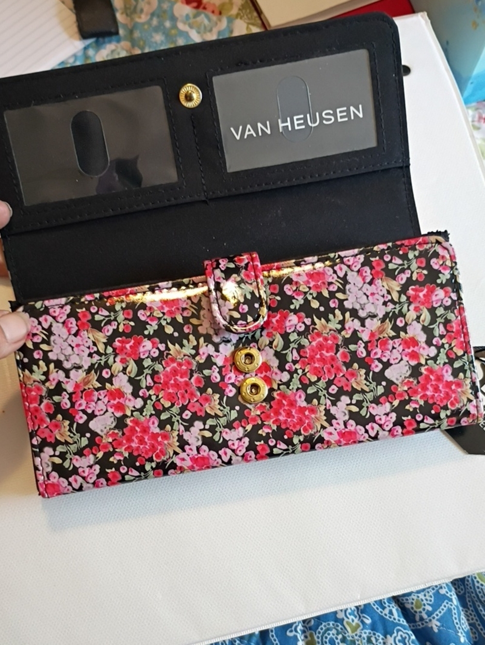 Van Heusen Black Floral Wallet with Pink and Red Blooms